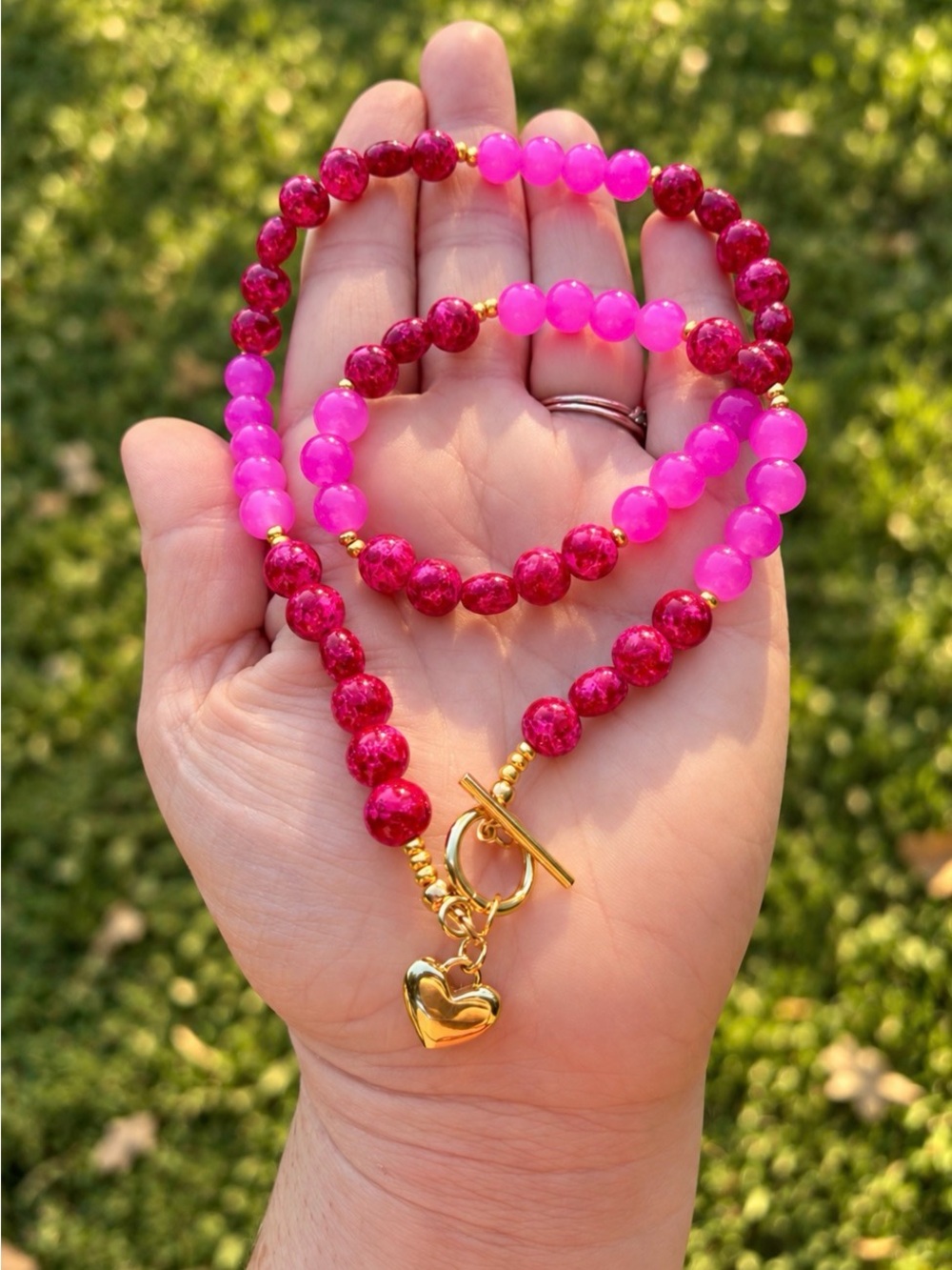 Gold Heart Toggle Necklace with Pink and Fuchsia Beads